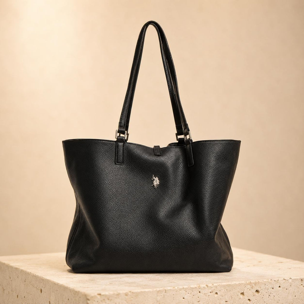 US Polo Assn Black Malibu Tote Bag, Large Womens Shoulder Handbag, Pebbled Everyday Shopper, Silver Logo Work Bag, Gift for Her