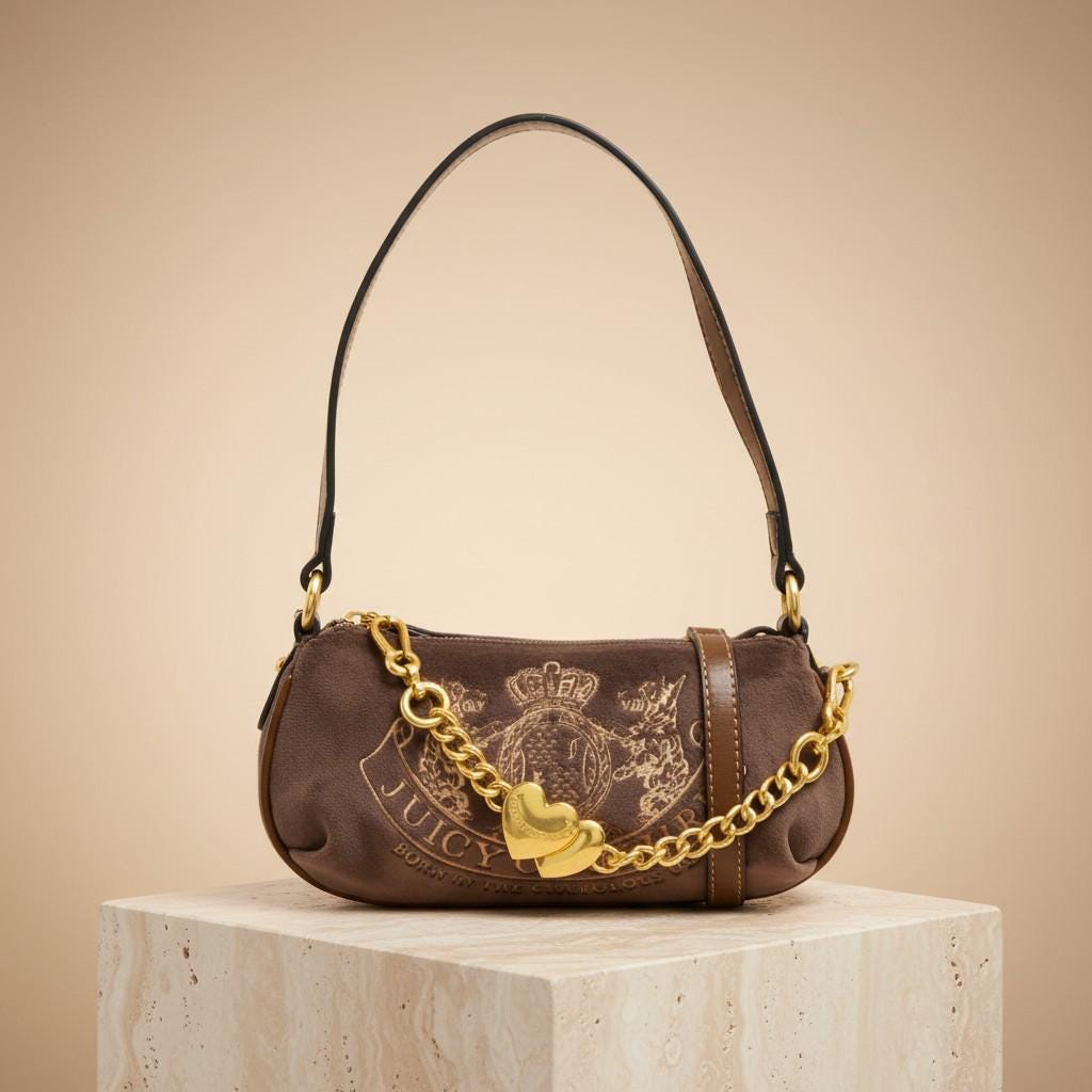 Juicy Couture Brown Shoulder Bag, Gold Chain Heart Charm, Embroidered Logo Handbag, Gift for Her
