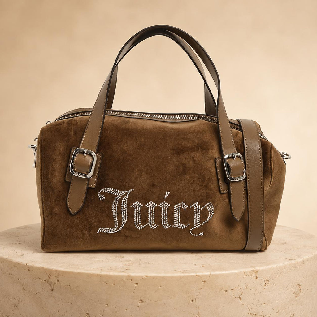 Juicy Couture Brown Velour Handbag, Rhinestone Shoulder Bag, Embellished Grab Bag, Adjustable Strap Purse, Gift for Her