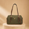 US Polo Assn Khaki Bowling Bag, Olive Green Shoulder Bag, Brown Trim Satchel, Gold Hardware Handbag, Everyday Bag for Women