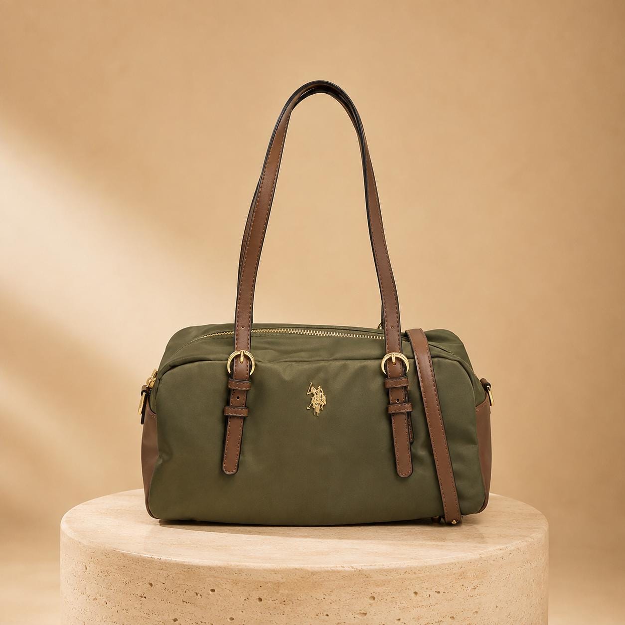 US Polo Assn Khaki Bowling Bag, Olive Green Shoulder Bag, Brown Trim Satchel, Gold Hardware Handbag, Everyday Bag for Women