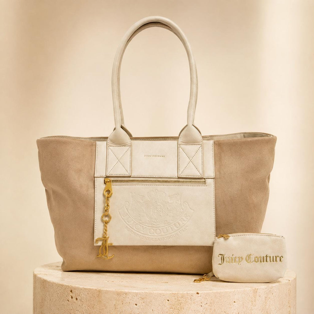 Juicy Couture Beige Tote Bag, Cream Shoulder Bag with Matching Pouch, Gold Charm Large Handbag, Designer Gift for Her