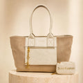 Juicy Couture Beige Tote Bag, Cream Shoulder Bag with Matching Pouch, Gold Charm Large Handbag, Designer Gift for Her