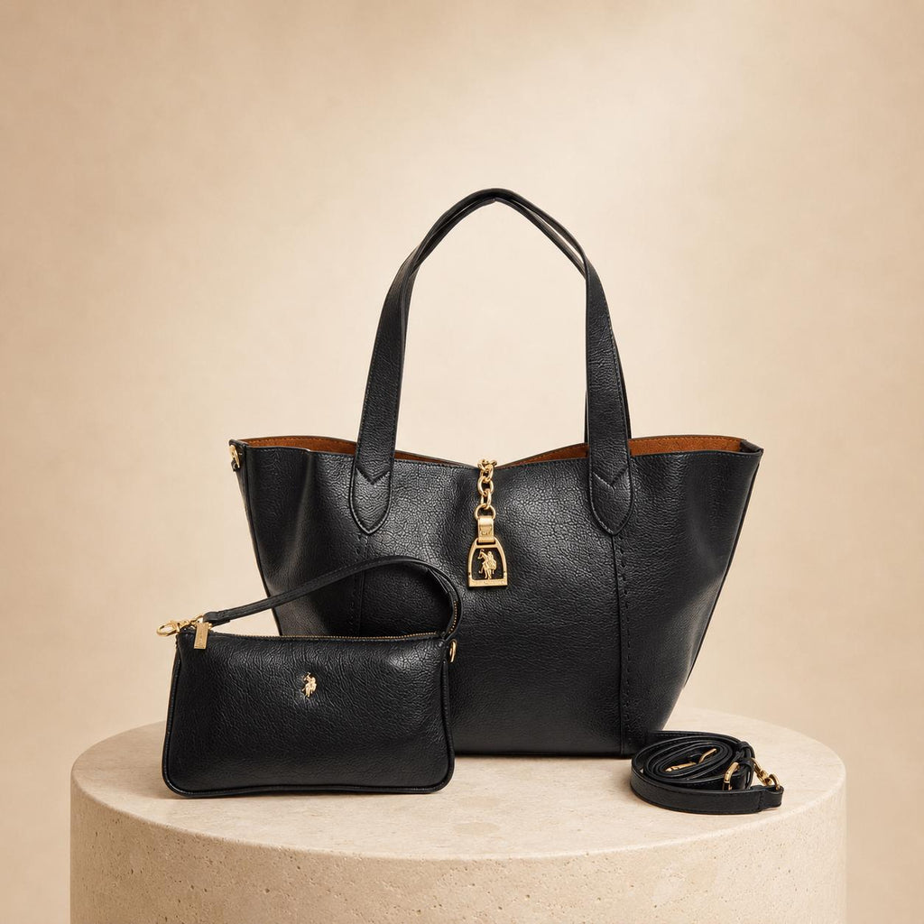 US Polo Assn Black Helcho Tote Bag with Pouch, Womens Pebbled Shoulder Handbag, Gold Hardware Large Shopper, Gift for Her