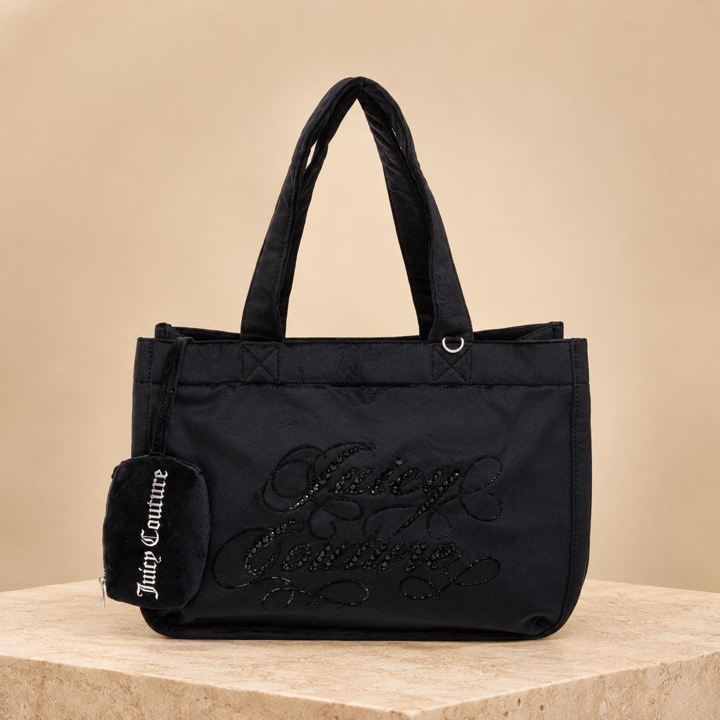 Juicy Couture Black Frida Rhinestone Tote Bag With Wallet, Velour Shoulder Bag, Embroidered Logo Handbag, Women’s Designer Bag