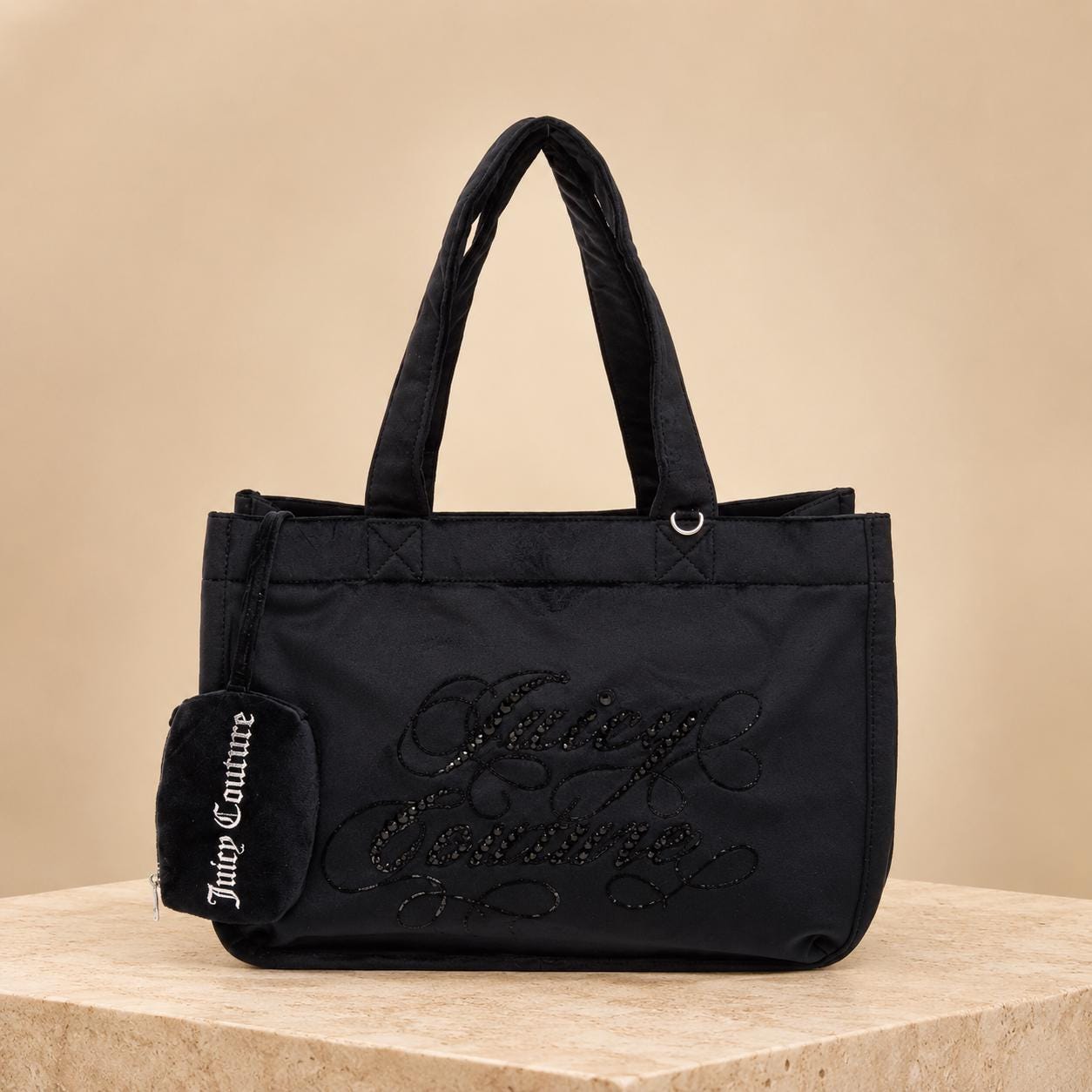 Juicy Couture Black Frida Rhinestone Tote Bag With Wallet, Velour Shoulder Bag, Embroidered Logo Handbag, Women’s Designer Bag