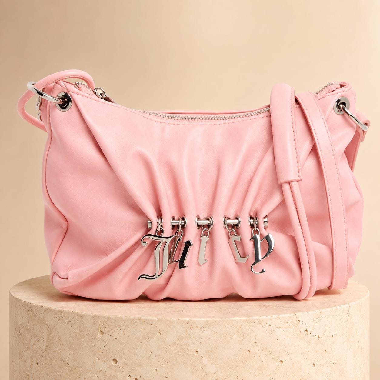 Juicy Couture Pink Shoulder Bag, Jade Small Hobo Bag, Silver Logo Charm Handbag, Pink Crossbody Bag, Gift for Her