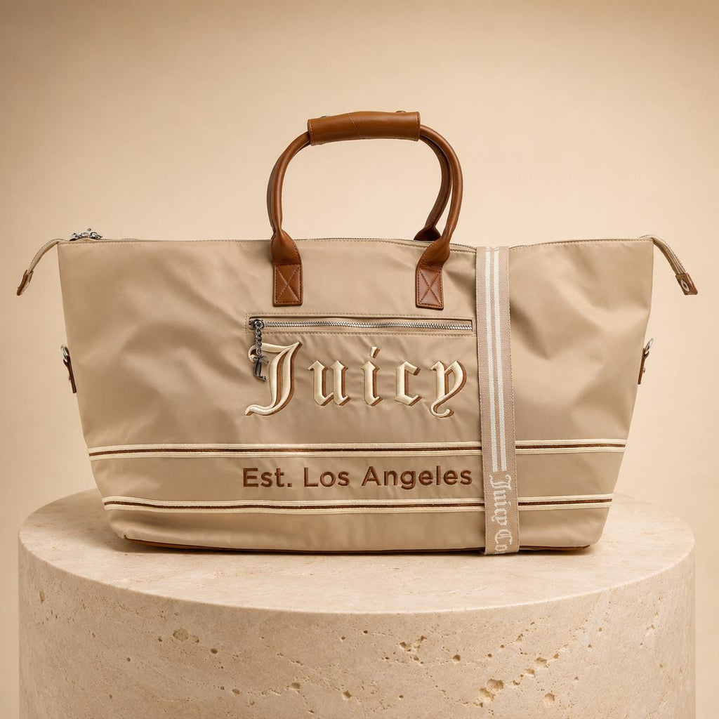Juicy Couture Large Weekender Bag, Light Taupe Travel Bag, Overnight Holdall, Nylon Duffle Bag, Weekend Luggage for Women