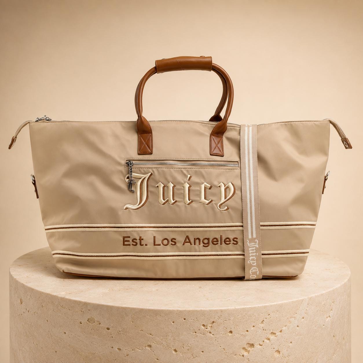 Juicy Couture Large Weekender Bag, Light Taupe Travel Bag, Overnight Holdall, Nylon Duffle Bag, Weekend Luggage for Women