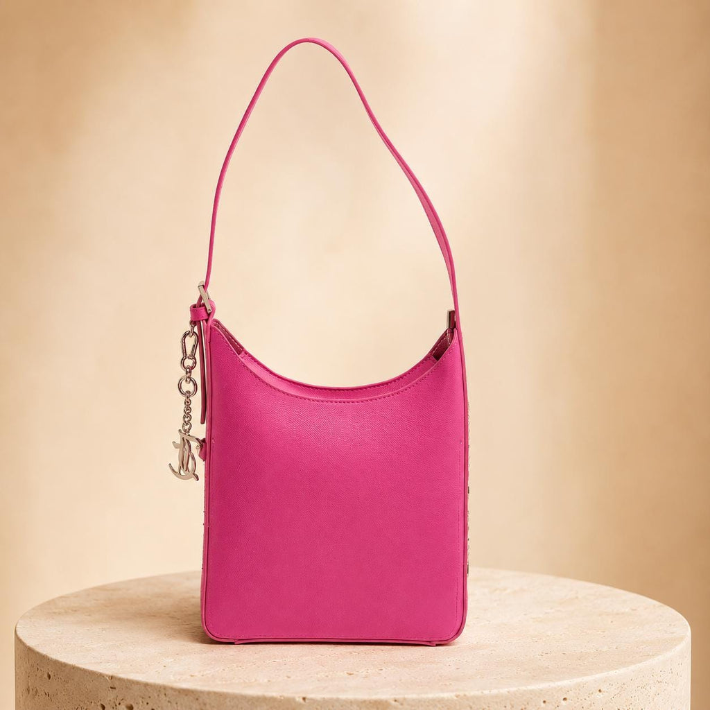 Juicy Couture Pink Tote Bag, Jasmine Shoulder Bag, Hot Pink Handbag, Silver Charm Purse, Womens Designer Bag, Gift for Her