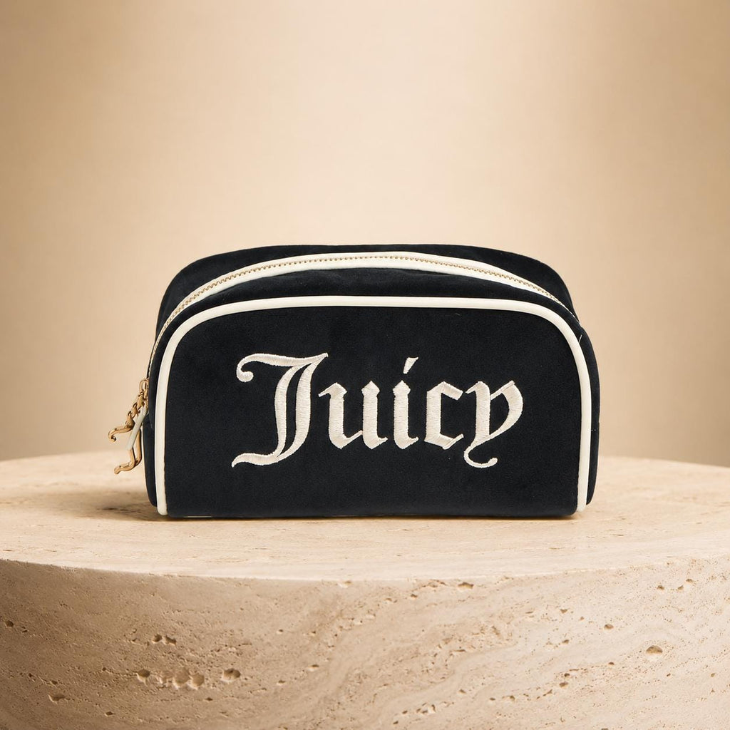 Juicy Couture Black & Cream Velour Cosmetic Bag, Embroidered Logo Makeup Bag, Luxury Beauty Case, Toiletry Bag, Gift for Her