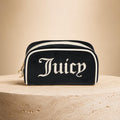 Juicy Couture Black & Cream Velour Cosmetic Bag, Embroidered Logo Makeup Bag, Luxury Beauty Case, Toiletry Bag, Gift for Her