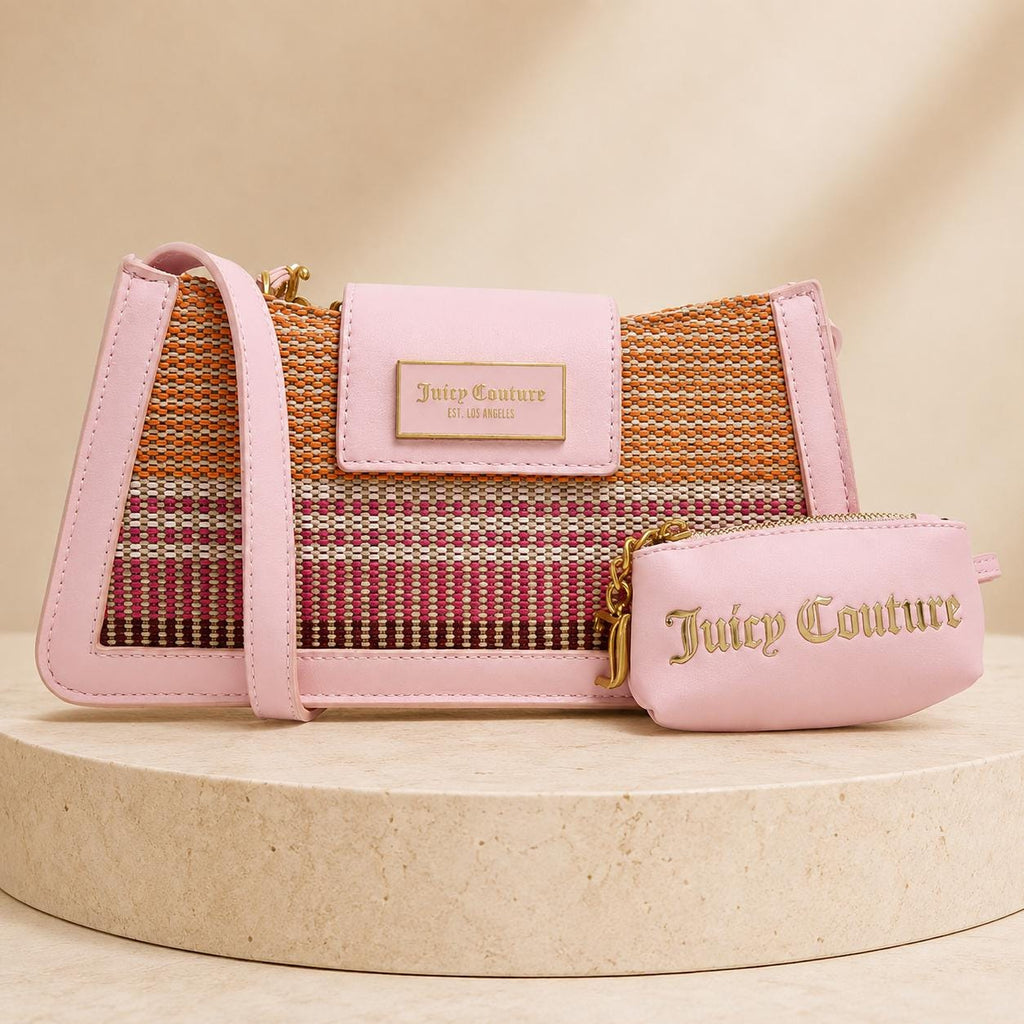 Juicy Couture Pink Shoulder Bag & Pouch, Woven Multicolour Handbag, Gold Chain Strap Purse, Detachable Coin Pouch, Gift for Her