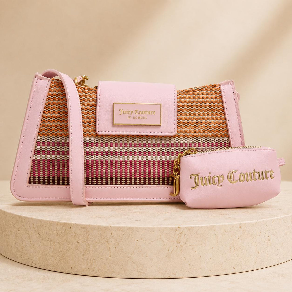 Juicy Couture Pink Shoulder Bag & Pouch, Woven Multicolour Handbag, Gold Chain Strap Purse, Detachable Coin Pouch, Gift for Her