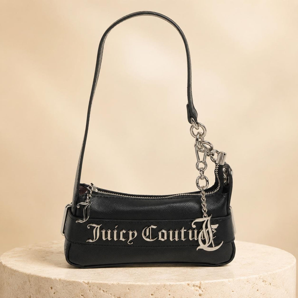 Juicy Couture Black Jasmine Shoulder Bag, Silver Chain Logo Handbag, Black Designer Purse, Women’s Shoulder Bag, Gift for Her