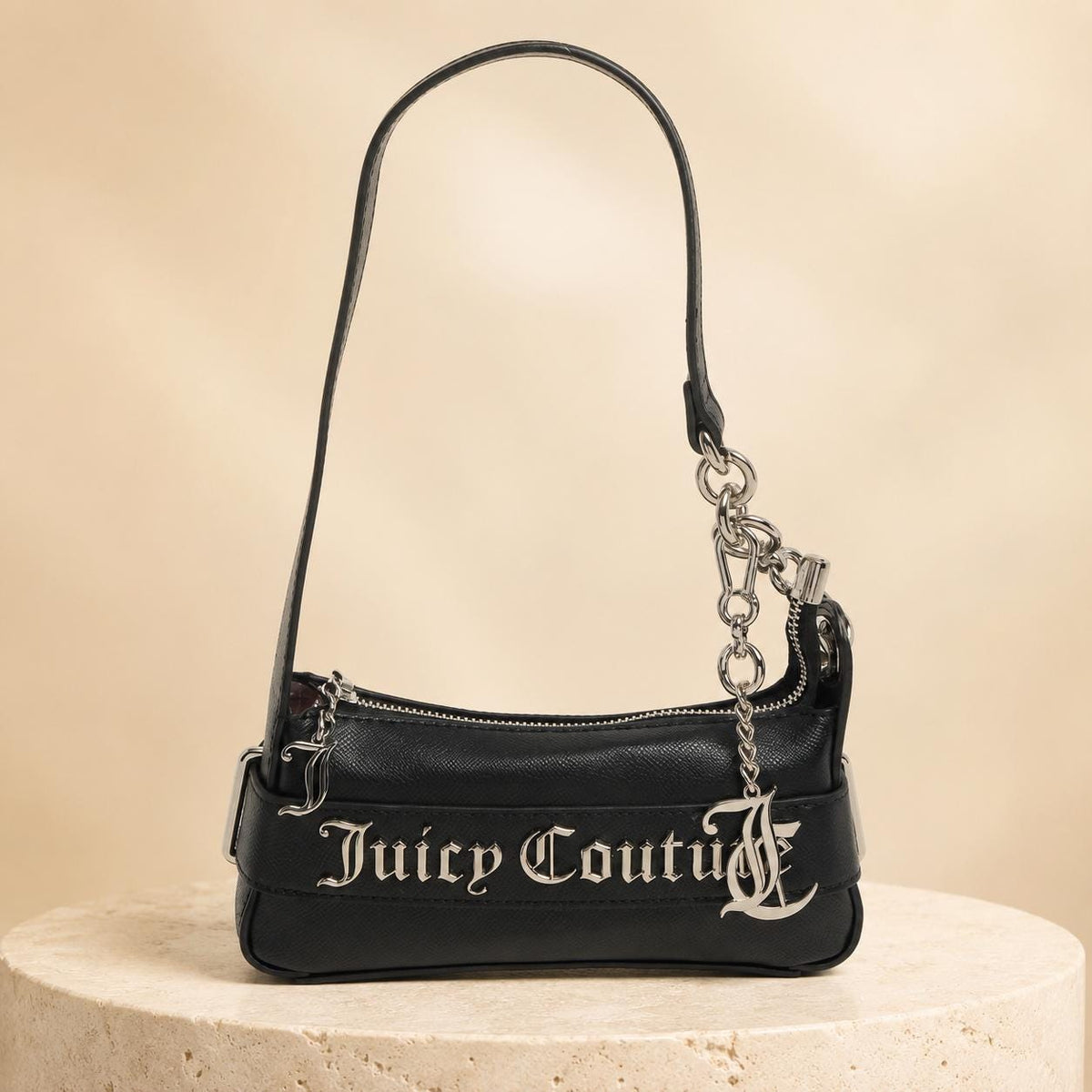 Juicy Couture Black Jasmine Shoulder Bag, Silver Chain Logo Handbag, Black Designer Purse, Women’s Shoulder Bag, Gift for Her