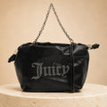 Juicy Couture Black Satchel Bag with Wallet, Silver Chain Shoulder Bag, Studded Logo Handbag, Women’s Designer Purse