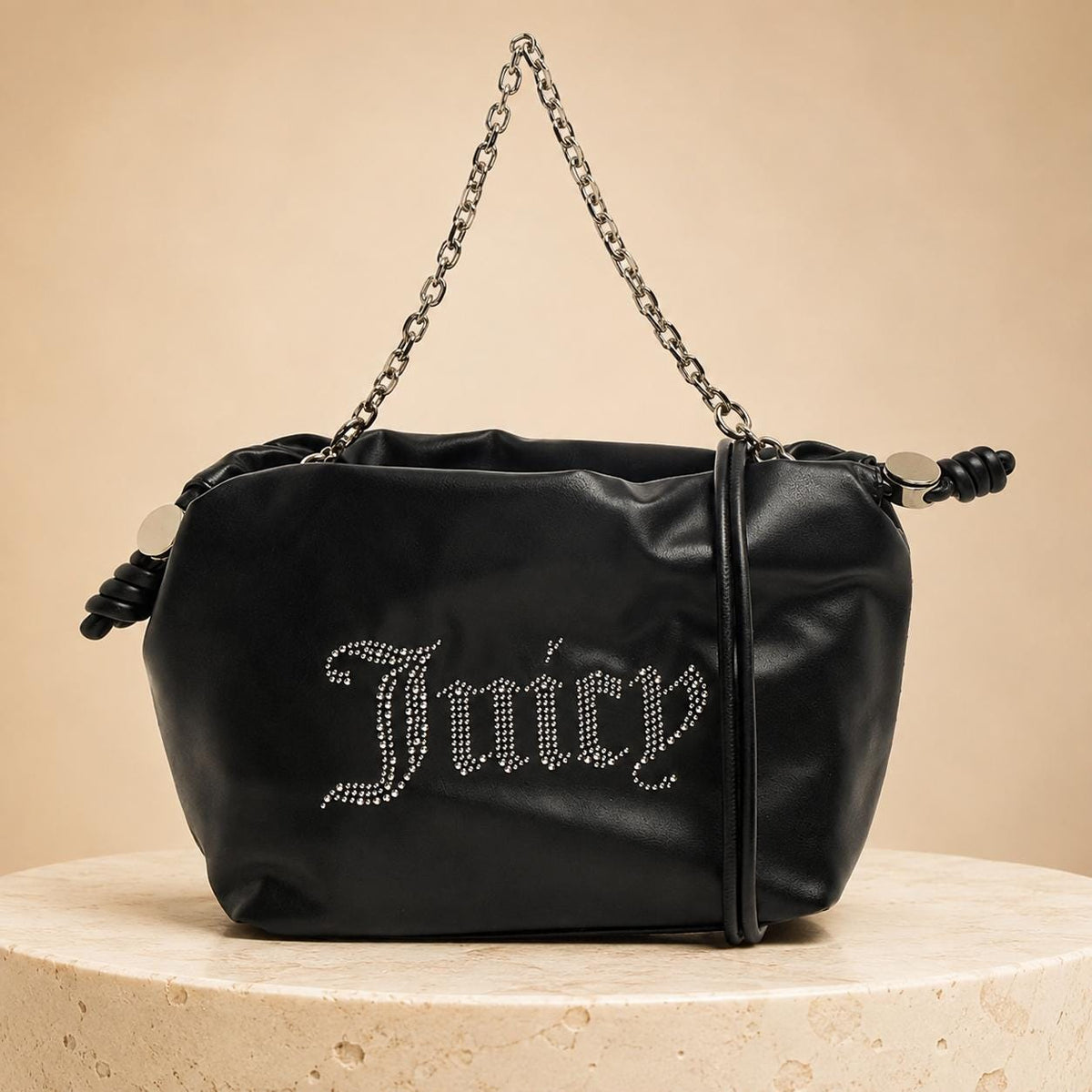 Juicy Couture Black Satchel Bag with Wallet, Silver Chain Shoulder Bag, Studded Logo Handbag, Women’s Designer Purse