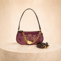 Juicy Couture Purple Velour Shoulder Bag, Gold Chain Heart Charm Crossbody Handbag, Detachable Strap, Women’s Designer Bag