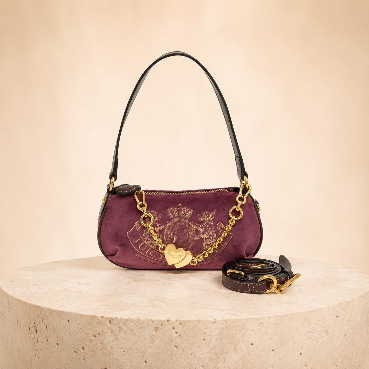 Juicy Couture Purple Velour Shoulder Bag, Gold Chain Heart Charm Crossbody Handbag, Detachable Strap, Women’s Designer Bag