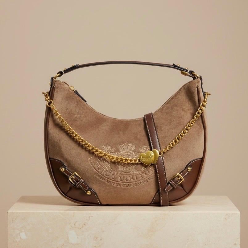 Juicy Couture Brown Hobo Shoulder Bag, Y2K Vintage Inspired Handbag, Gold Heart Charm, 2000s Aesthetic Purse