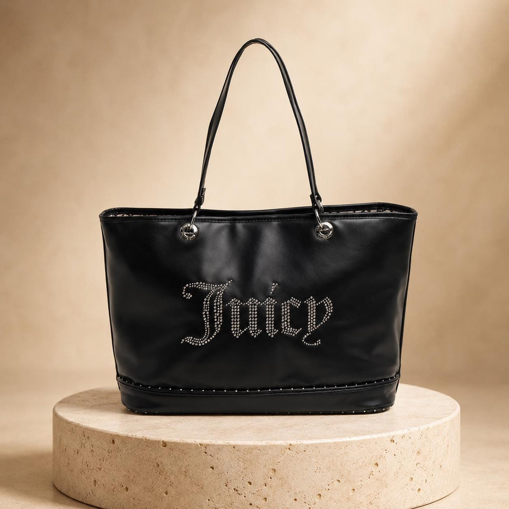 Juicy Couture Black Kimberly Tote Bag, Studded Logo Shoulder Bag, Silver Hardware Large Designer Style Handbag, Gift for Her