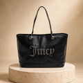 Juicy Couture Black Kimberly Tote Bag, Studded Logo Shoulder Bag, Silver Hardware Large Designer Style Handbag, Gift for Her