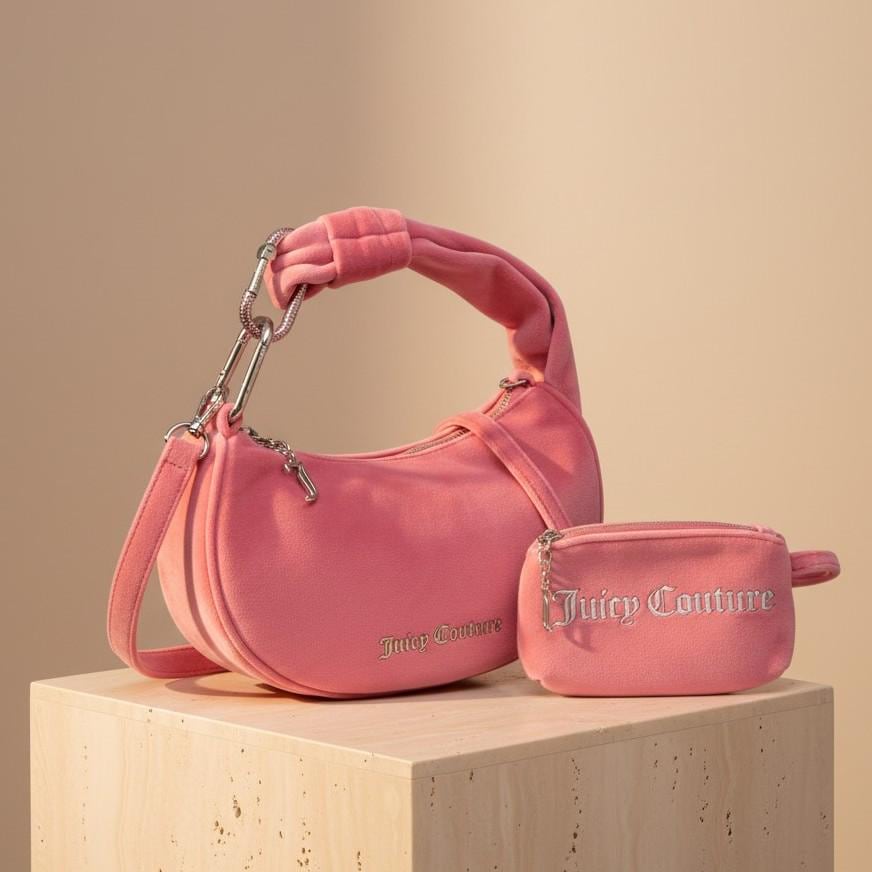 Juicy Couture Pink Blossom Shoulder Bag, Pink Velour Handbag, Womens Purse, Detachable Strap, Birthday Gift for Her