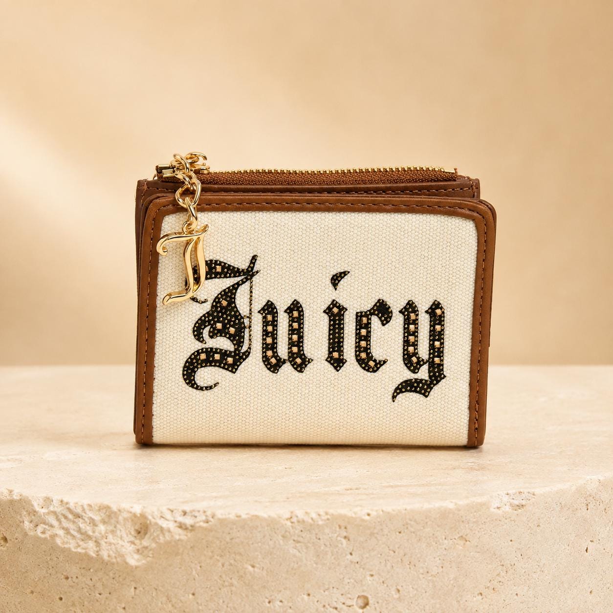 Juicy Couture Beige Tan Wallet, Diamante Madeleine Purse, Canvas Bifold Wallet, Zip Coin Pocket, Gold Charm, Gift for Her