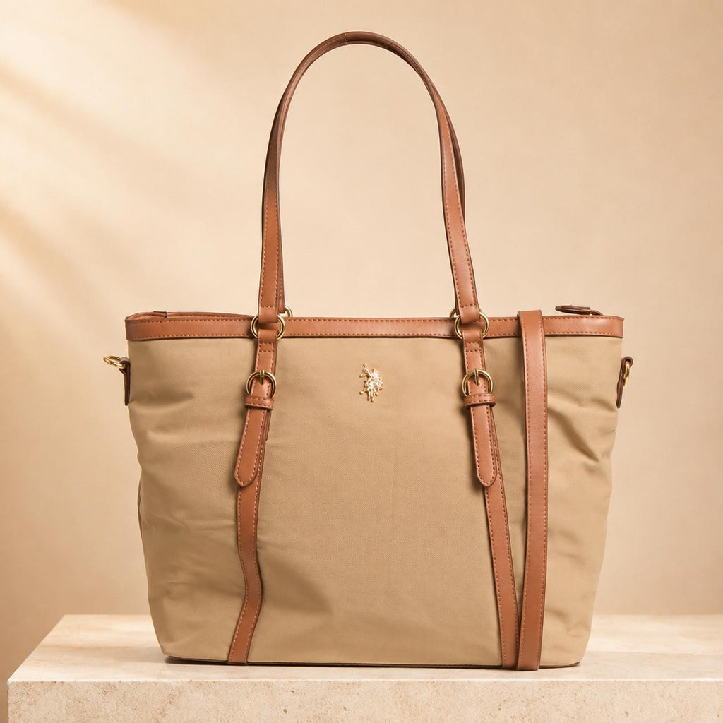 U.S. Polo Assn. Beige Tote Bag, Large Womens Shopping Bag, Nylon Shoulder Handbag, Adjustable Strap Work Bag, Gift for Her