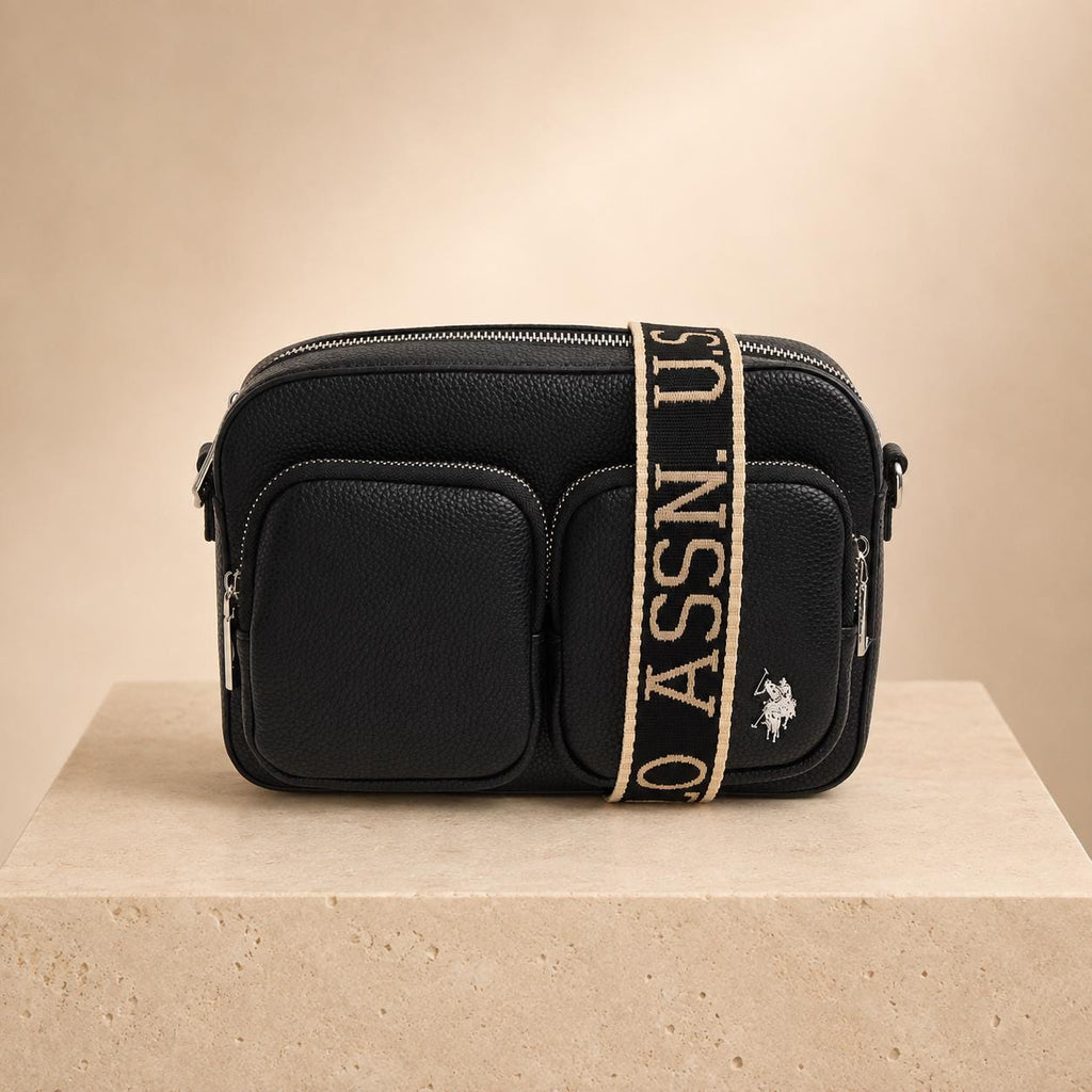 U.S. Polo Assn Black Crossbody Bag, Womens Camera Bag, Multi Pocket Shoulder Bag, Adjustable Logo Strap, Everyday Travel Purse