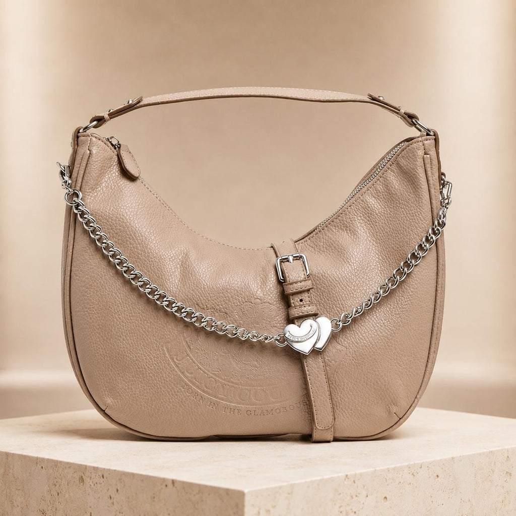Juicy Couture Taupe Hobo Shoulder Bag, Faux Leather Handbag, Silver Heart Chain Charm Purse, Everyday Bag, Gift for Her