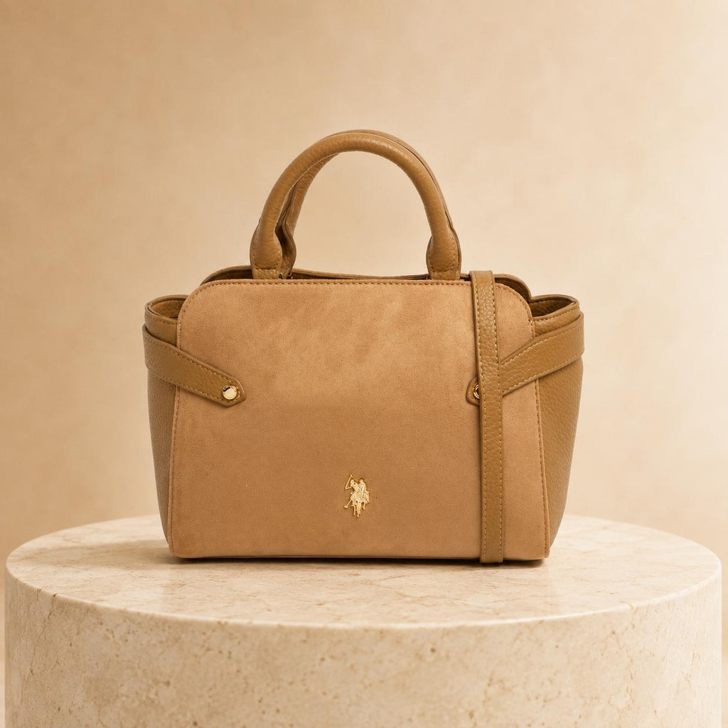 U.S. Polo Assn. Tan Grab Bag, Camel Shoulder Handbag, Suede Look Top Handle Bag, Crossbody Purse, Gold Logo Bag, Gift for Her