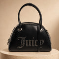 Juicy Couture Black Kimberly Bowling Bag, Studded Logo Handbag, Black Shoulder Bag, Silver Hardware Designer Bag