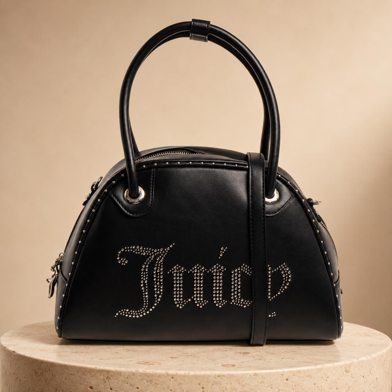 Juicy Couture Black Kimberly Bowling Bag, Studded Logo Handbag, Black Shoulder Bag, Silver Hardware Designer Bag