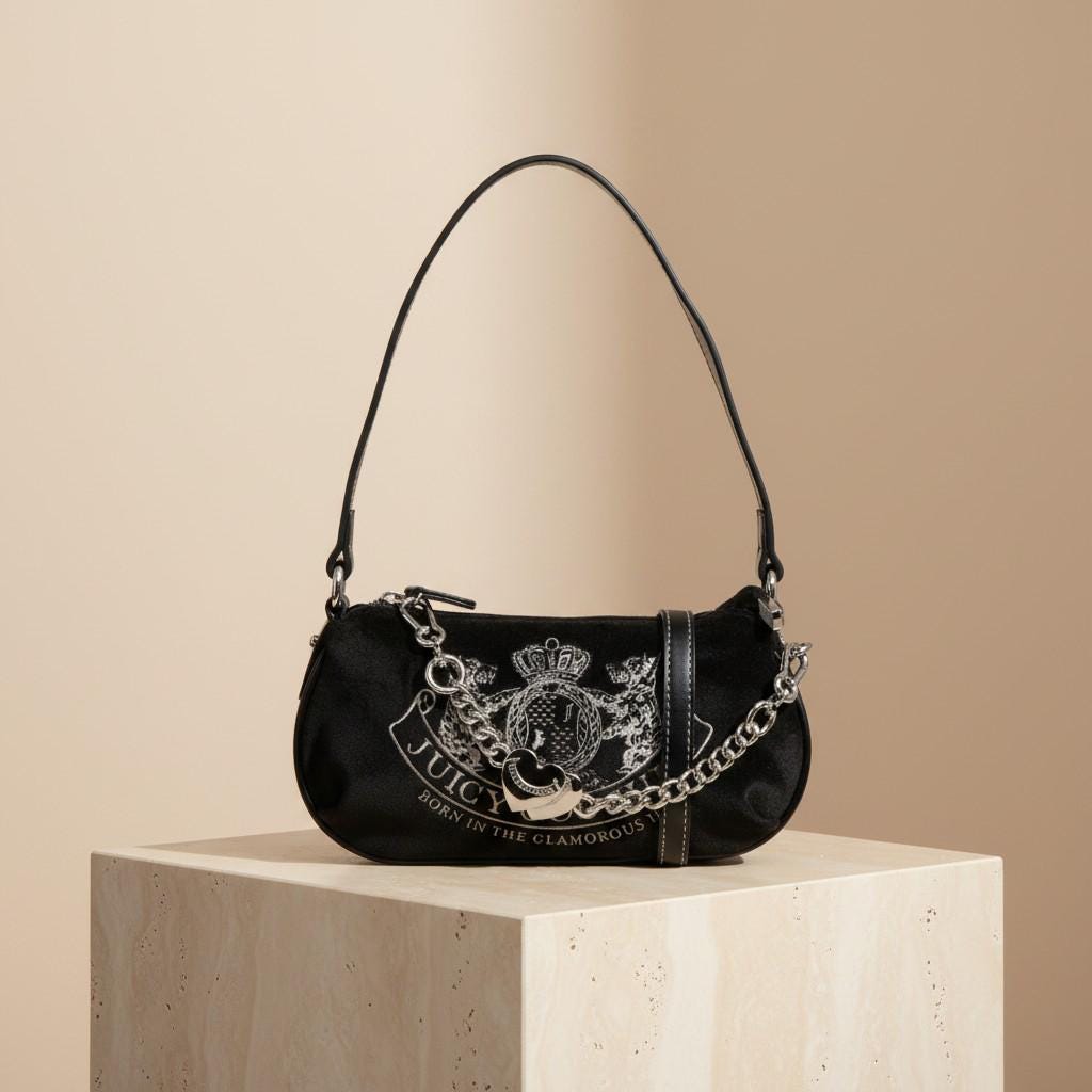 Juicy Couture Black Shoulder Bag, Silver Chain Crossbody Bag, Heart Charm Handbag, Embossed Crest Purse, Gift for Her