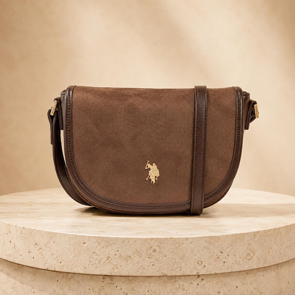 U.S. Polo Assn Dark Brown Crossbody Bag, Jones Flap Shoulder Bag, Adjustable Strap Handbag, Gold Logo Purse, Gift for Her
