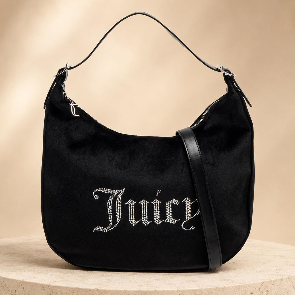 Juicy Couture Black Velour Shoulder Bag, Rhinestone Logo Hobo Bag, Detachable Pouch Handbag, Black Designer Purse, Gift for Her
