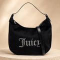 Juicy Couture Black Velour Shoulder Bag, Rhinestone Logo Hobo Bag, Detachable Pouch Handbag, Black Designer Purse, Gift for Her