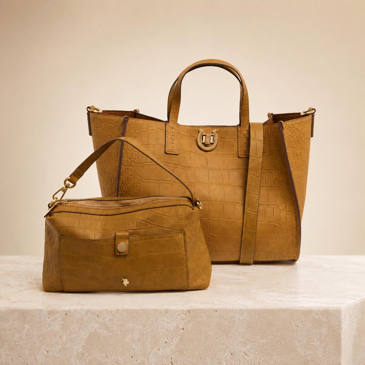 US Polo Assn Brown Reptile Effect Tote Bag, Middleton Womens Shoulder Handbag, Gold Hardware, Crossbody Bag, Gift for Her