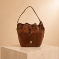 U.S. Polo Assn. Brown Bucket Bag, Suede Look Shoulder Bag, Drawstring Handbag, Gold Logo Purse, Womens Everyday Bag, Gift for Her