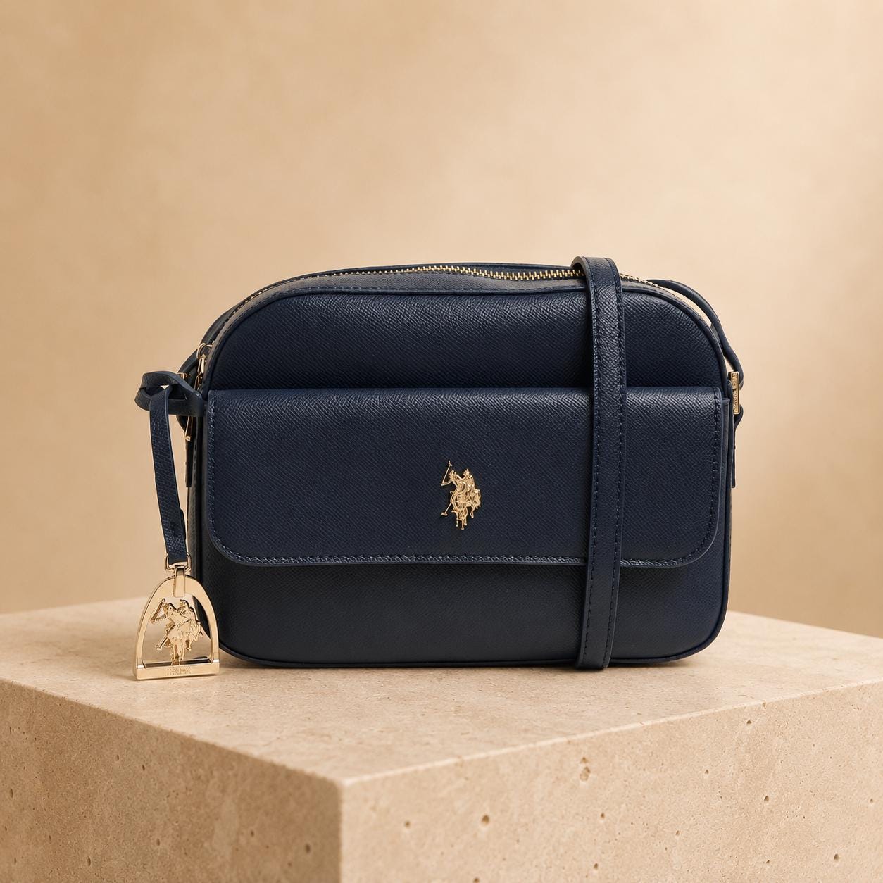 U.S. Polo Assn Navy Crossbody Bag, Blue Shoulder Handbag, Gold Logo Purse, Adjustable Strap Camera Bag, Gift for Her