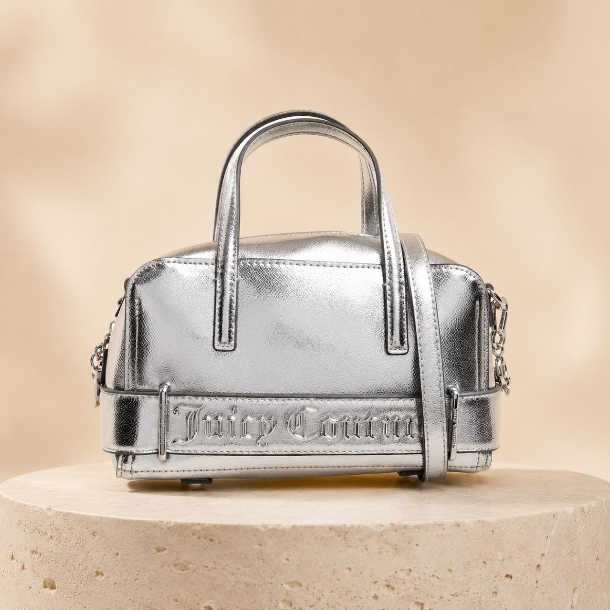 Juicy Couture Silver Jasmine Reflection Handbag, Metallic Silver Mini Tote Bag, Crossbody Shoulder Bag, Designer Style Gift for Her
