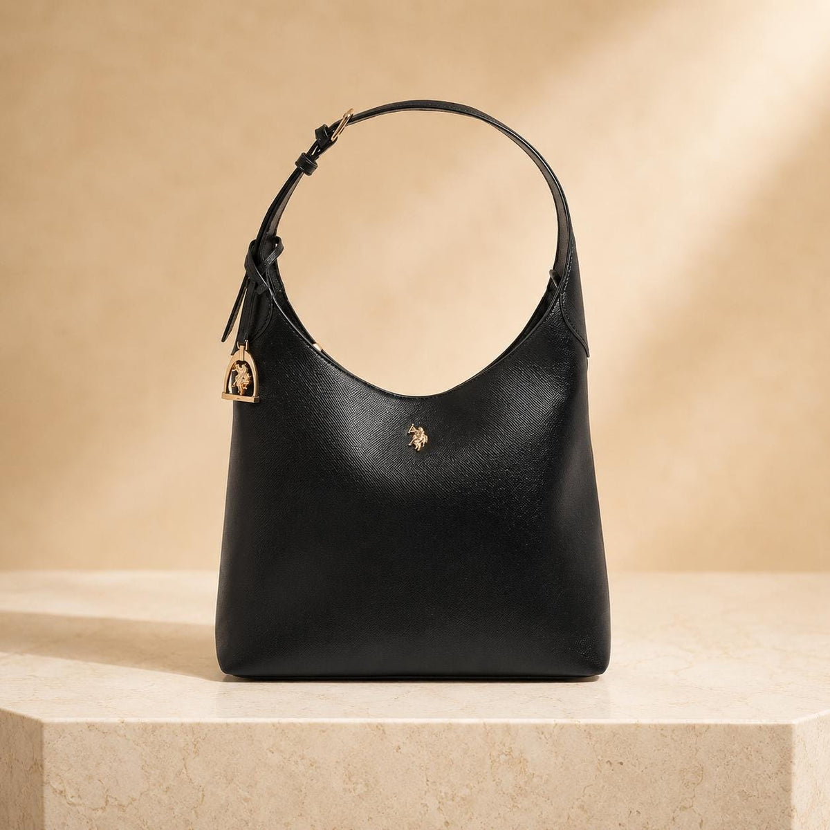 US Polo Assn Black Jones Hobo Shoulder Bag | Women’s Black Handbag | Gold Logo Top Handle Bag | Everyday Designer Style Gift