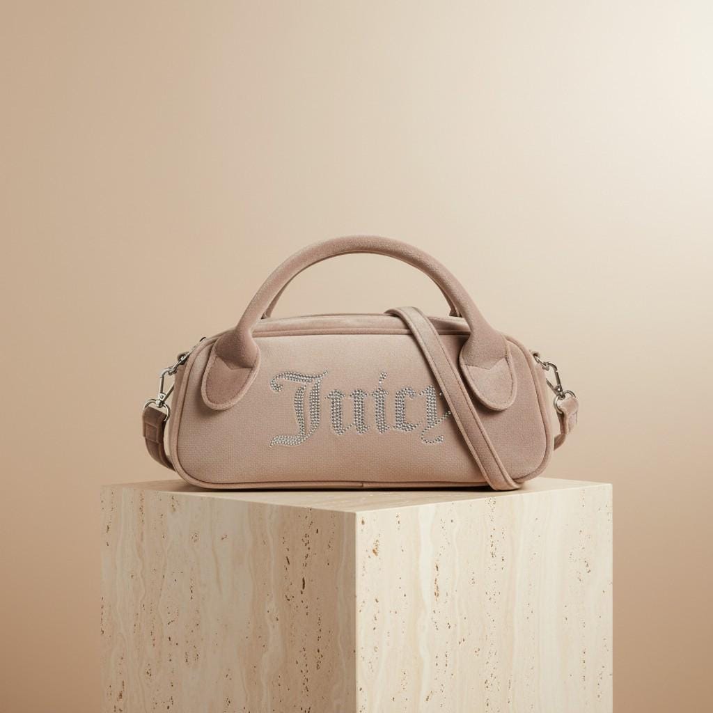 Juicy Couture Taupe Velour Bowling Handbag, Rhinestone Logo Purse, Matching Wallet, Shoulder Bag for Her
