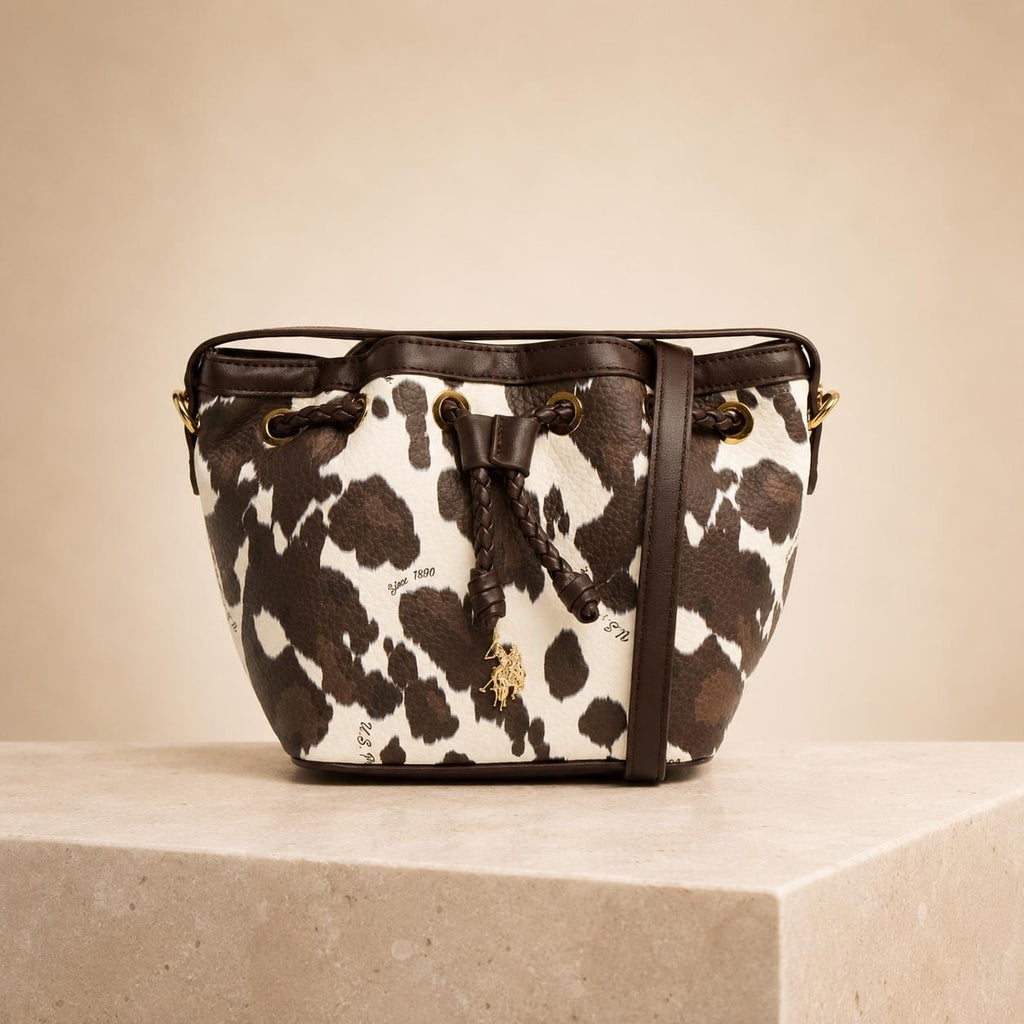 US Polo Assn Cow Print Bucket Bag, Brown & Cream Crossbody Handbag, Drawstring Shoulder Bag, Gold Hardware, Gift for Her