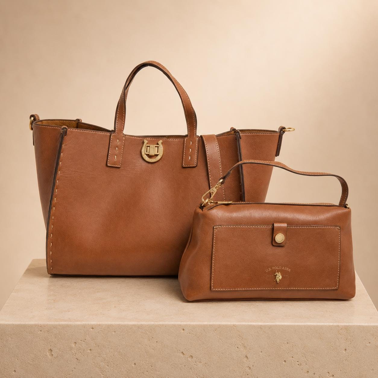 U.S. Polo Assn Brown Tote Bag Set, Womens Shoulder Bag & Crossbody, 2 Piece Handbag Set, Faux Leather Everyday Bag, Gift for Her