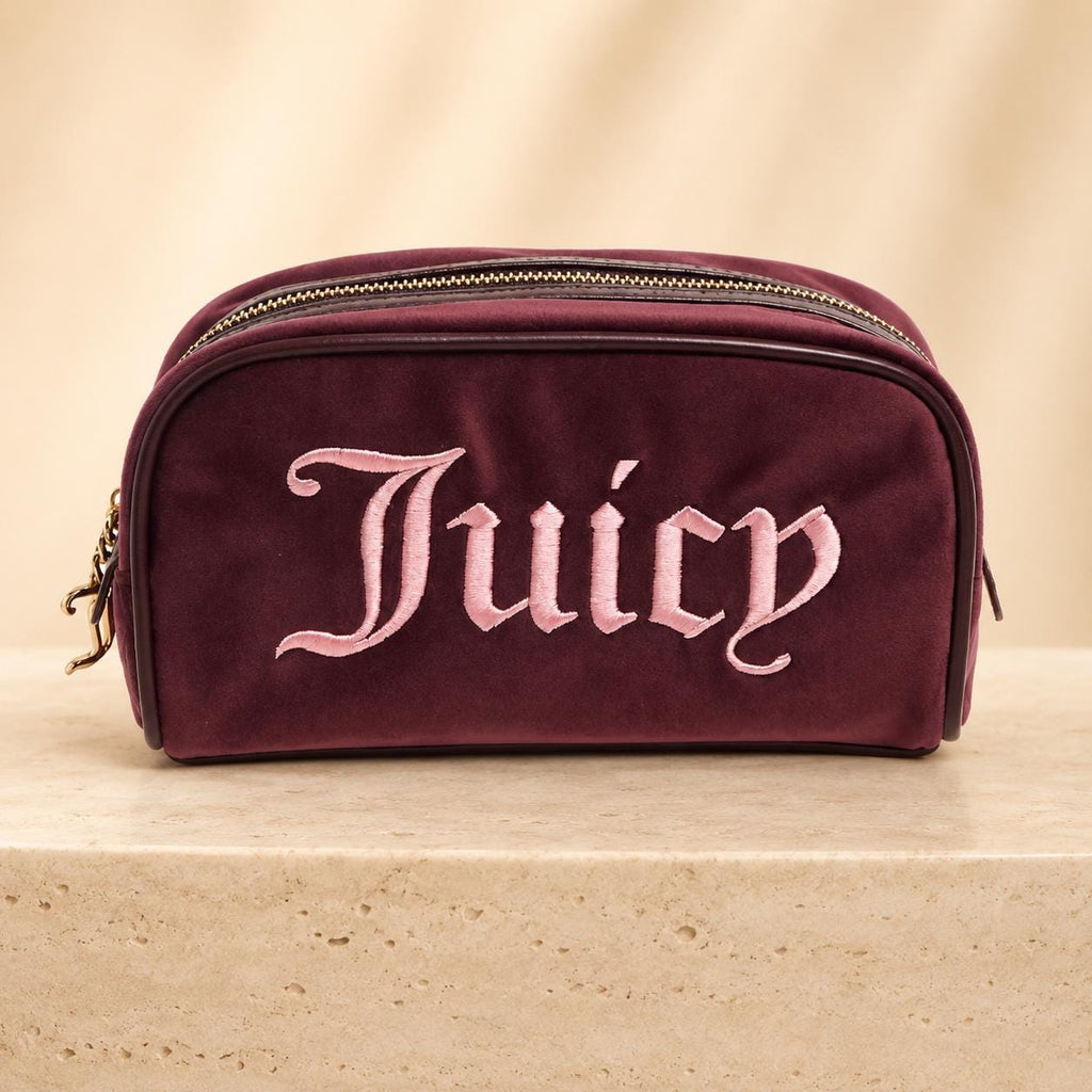 Juicy Couture Burgundy Velour Cosmetic Bag, Pink Embroidered Makeup Bag, Gold Zip Beauty Case, Makeup Storage Bag, Gift for Her