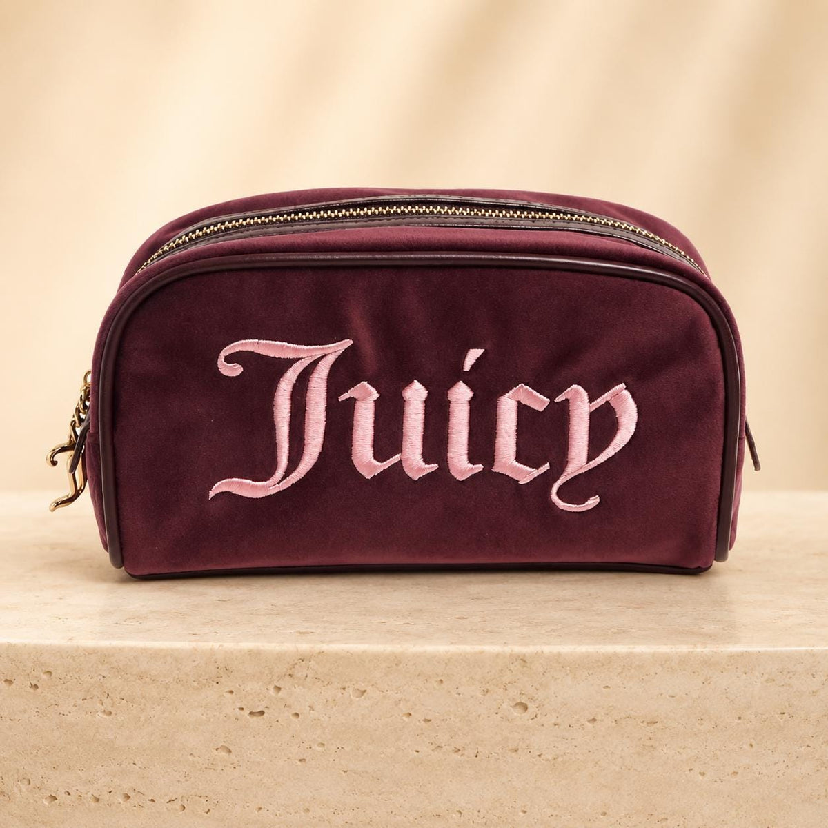 Juicy Couture Burgundy Velour Cosmetic Bag, Pink Embroidered Makeup Bag, Gold Zip Beauty Case, Makeup Storage Bag, Gift for Her