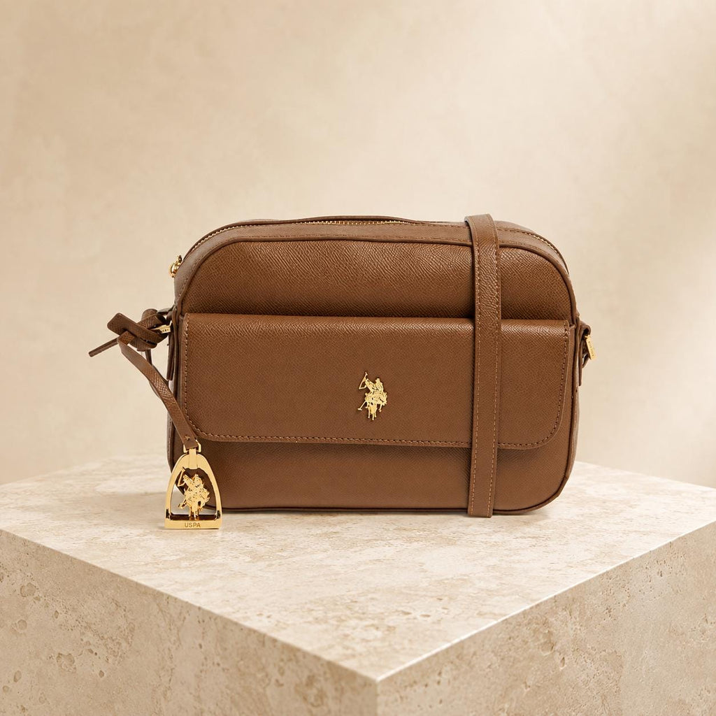 US Polo Assn Brown Crossbody Bag, Jones Pocket Shoulder Bag, Women’s Adjustable Strap Handbag, Brown Everyday Bag
